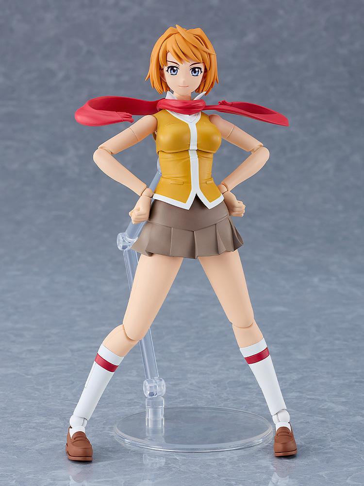 Mai Tokiha plastic model kit in a confident hands-on-hips pose wearing a red scarf.