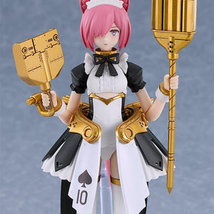 Maidroid Rosalie figure holding the gold-colored broom and dustpan cleaning accessories.
