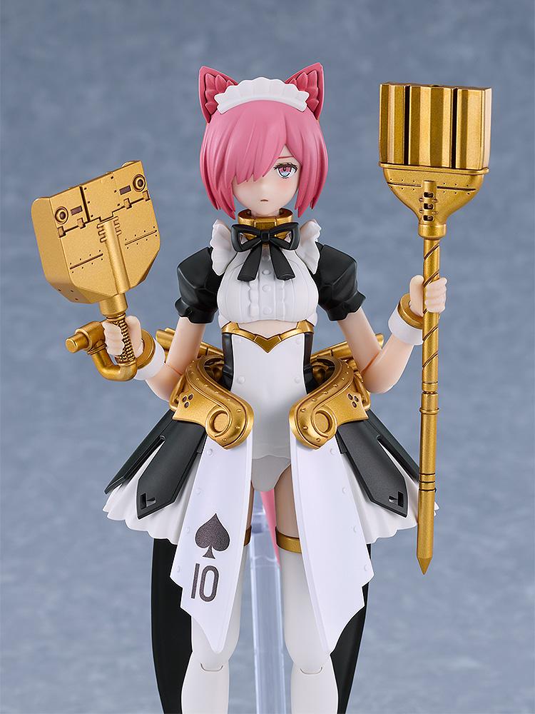 Maidroid Rosalie figure holding the gold-colored broom and dustpan cleaning accessories.