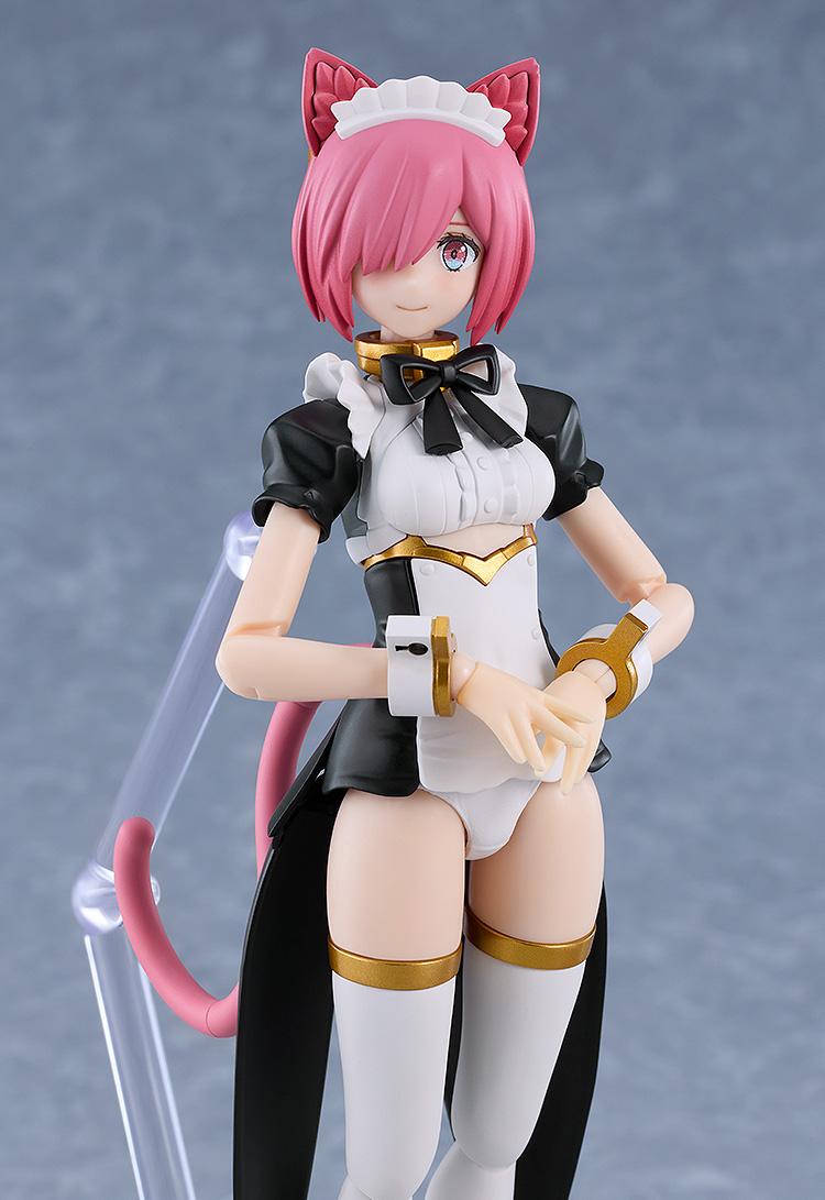 Close-up portrait of the Maidroid Rosalie model kit with the smiling face plate and pink hair.