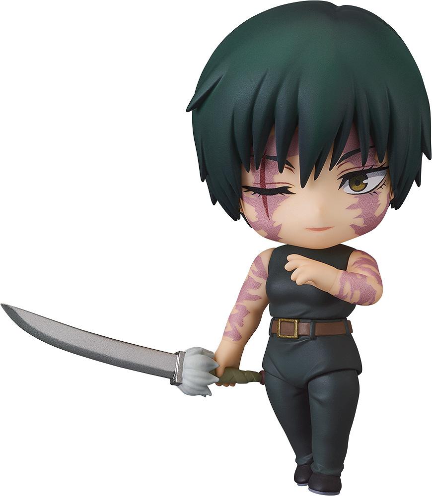 Front view of the Maki Zen'in Execution Ver. Nendoroid Basic figure from Jujutsu Kaisen featuring her awakened form with scars and sword.