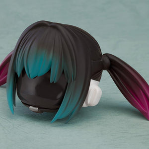 Close-up of the Makina Nendoroid blank face plate and hair parts with teal-to-magenta gradient highlights.