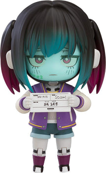 Front view of Milky Subway Makina Nendoroid holding a white mugshot identification paper with Japanese text.
