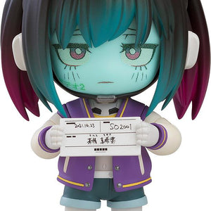 Front view of Milky Subway Makina Nendoroid holding a white mugshot identification paper with Japanese text.