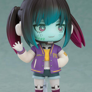 Makina Nendoroid with a subtle smiling face plate and a waving hand gesture on a clear display stand.
