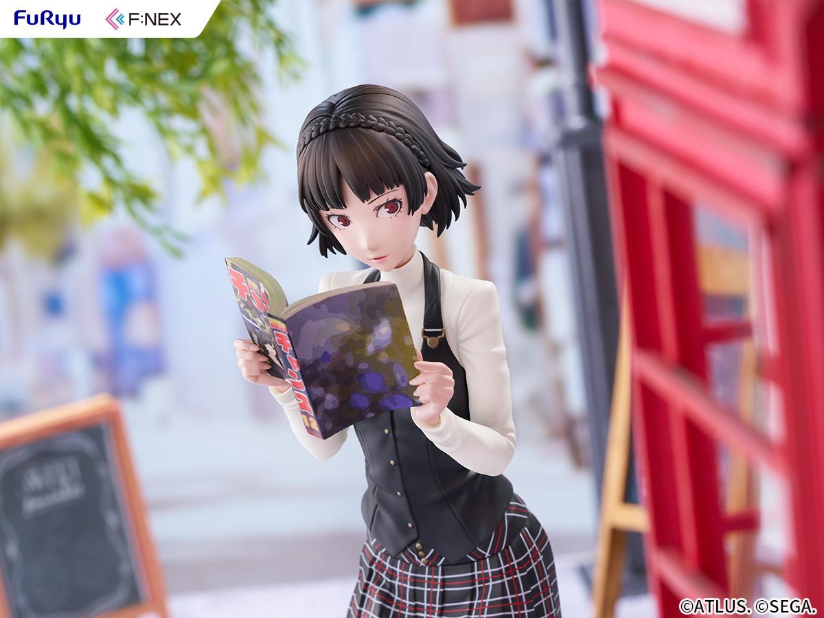 Angled close-up of Makoto Niijima looking down at her magazine next to the red telephone booth.