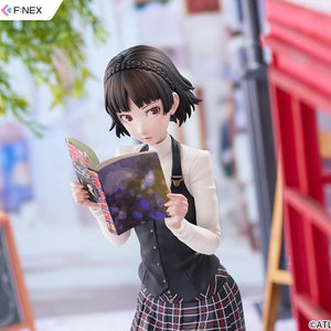 Angled close-up of Makoto Niijima looking down at her magazine next to the red telephone booth.