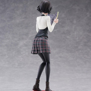 Rear perspective of the Makoto Niijima scale figure highlighting her braided hair sculpt, tailored vest, pleated plaid skirt, and brown boots.