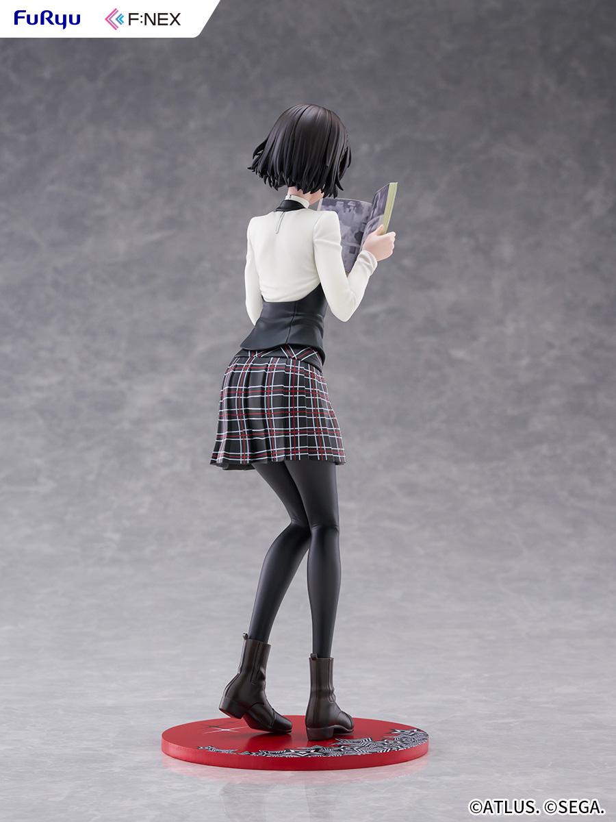 Rear perspective of the Makoto Niijima scale figure highlighting her braided hair sculpt, tailored vest, pleated plaid skirt, and brown boots.