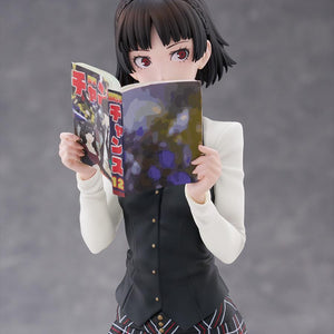 Front view of Makoto Niijima peeking over the Monthly Shonen Chance magazine with a surprised, caught-off-guard facial expression.