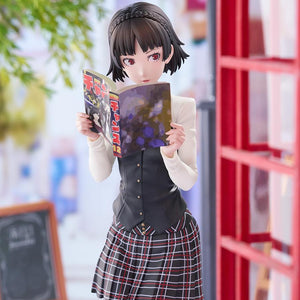 Front view of the 1/7 scale Makoto Niijima figure standing on a miniature urban street setting with cafe signage and telephone booth.