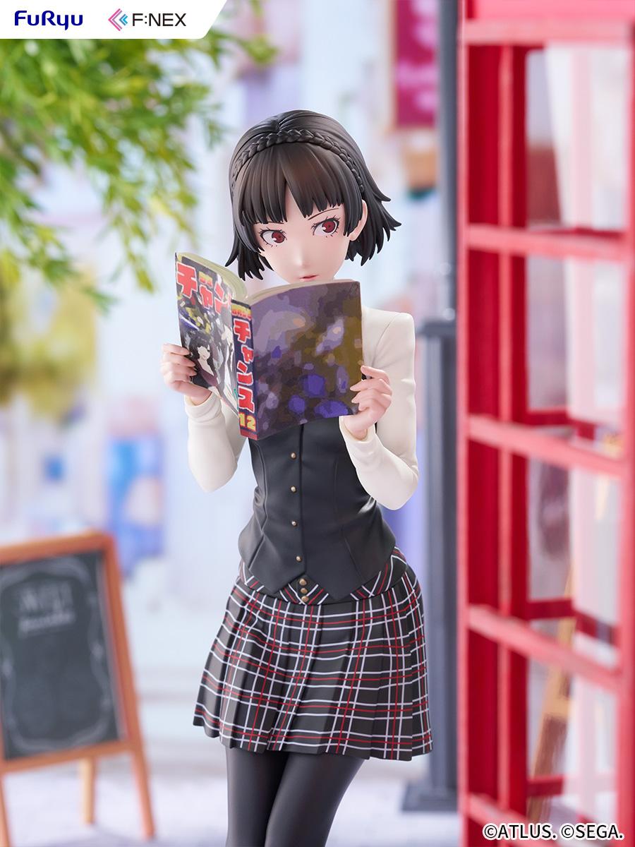 Front view of the 1/7 scale Makoto Niijima figure standing on a miniature urban street setting with cafe signage and telephone booth.