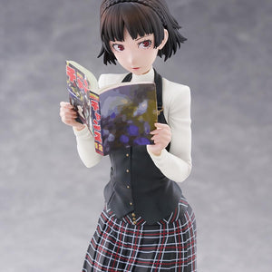 High-angle view of the Makoto Niijima 1/7 scale figure showcasing the detailed magazine print and plaid school uniform skirt.