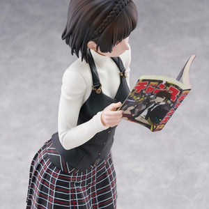 Overhead profile shot showing Makoto Niijima leaning slightly forward as she reads her manga magazine.