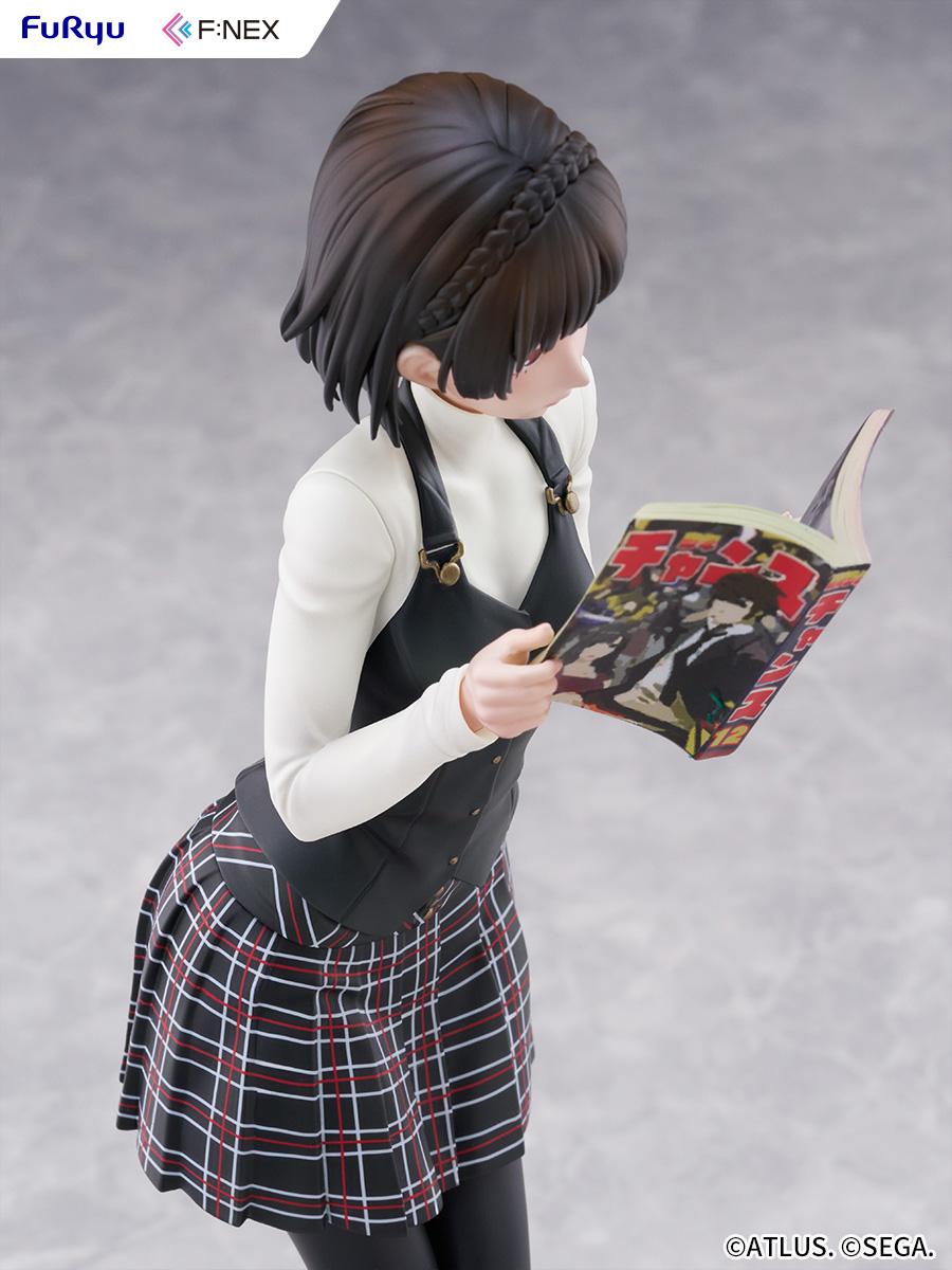 Overhead profile shot showing Makoto Niijima leaning slightly forward as she reads her manga magazine.