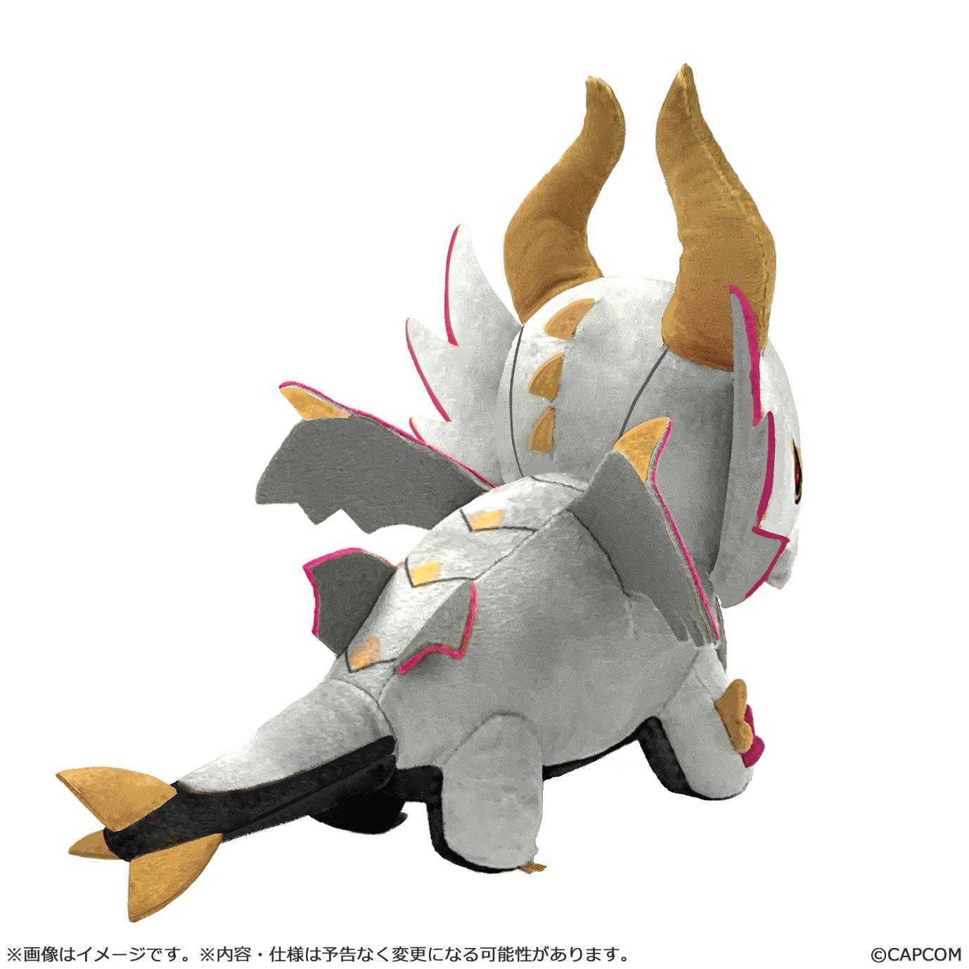 Rear view of the Chibi Malzeno plush by Capcom showing the soft grey polyester body and stylized dragon tail.