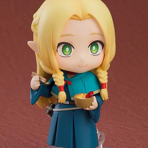 Marcille Nendoroid holding a small bowl of monster hotpot and chopsticks with a content smiling expression.