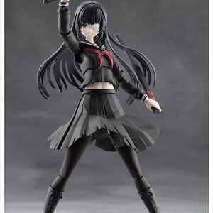 Striking high overhead sword pose of the black edition Kuon Yakushiji model kit showing the wide articulation range.