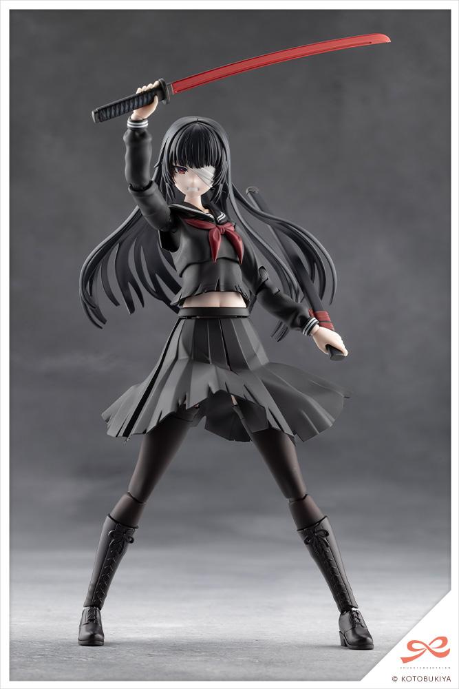 Striking high overhead sword pose of the black edition Kuon Yakushiji model kit showing the wide articulation range.