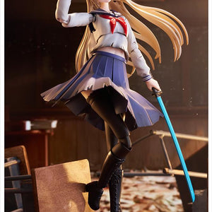 Atmospheric diorama of the battle-damaged schoolgirl figure posing with a clear blue katana inside a ruined classroom scene.