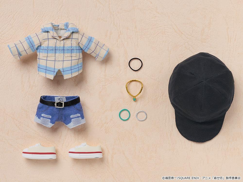 Flat lay layout of the Marin Kitagawa casual accessories including the hat, necklace, bracelets, choker, and magnetic shoes.