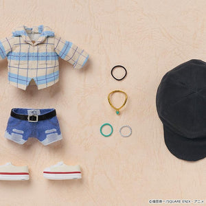 Flat lay layout of the Marin Kitagawa casual accessories including the hat, necklace, bracelets, choker, and magnetic shoes.