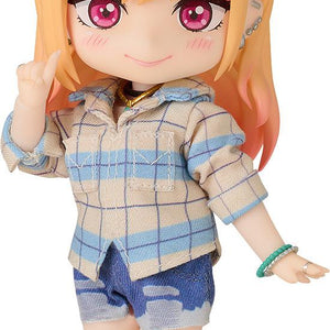 Front view of Marin Kitagawa Nendoroid Doll in a casual plaid shirt, denim shorts, and black baseball cap.