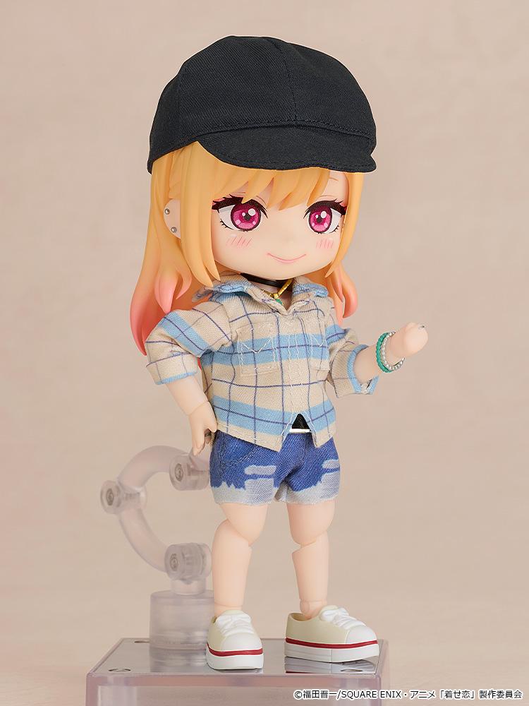 Side profile of Marin Kitagawa Nendoroid Doll showing the articulated joints and detailed cloth clothing.