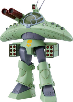 High-resolution front studio shot of the assembled Max Factory 1/72 scale Cabarov AG9 Nicholaiev model kit from Fang of the Sun Dougram, showcasing the light green armor paint scheme and missile pods.