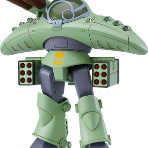 High-resolution front studio shot of the assembled Max Factory 1/72 scale Cabarov AG9 Nicholaiev model kit from Fang of the Sun Dougram, showcasing the light green armor paint scheme and missile pods.