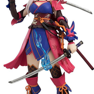 Full frontal view of the Max Factory figma Saber/Miyamoto Musashi figure, posed wielding both the Sword of Fire and Sword of Water with energy effects.