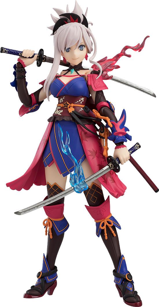 Full frontal view of the Max Factory figma Saber/Miyamoto Musashi figure, posed wielding both the Sword of Fire and Sword of Water with energy effects.