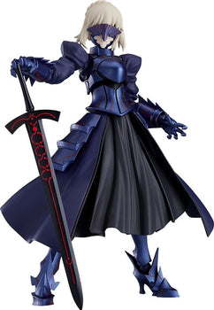 Full frontal view of the Max Factory figma Saber Alter 2.0 figure, wearing dark blue/black armor and a mask, holding the corrupted sword Excalibur Morgan.