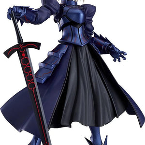 Full frontal view of the Max Factory figma Saber Alter 2.0 figure, wearing dark blue/black armor and a mask, holding the corrupted sword Excalibur Morgan.