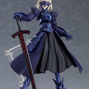 The Saber Alter figma figure wearing her battle mask and dark armor, posing with the large, red-veined sword Excalibur Morgan.