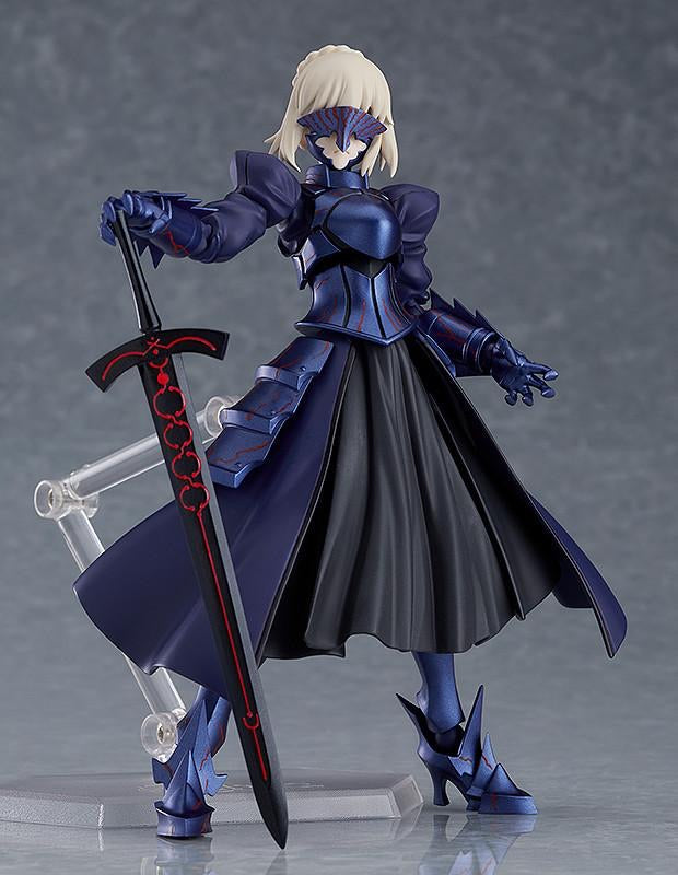The Saber Alter figma figure wearing her battle mask and dark armor, posing with the large, red-veined sword Excalibur Morgan.