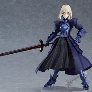 The Saber Alter figma figure featuring the shouting face plate (without mask), posed with Excalibur Morgan in a combat stance.