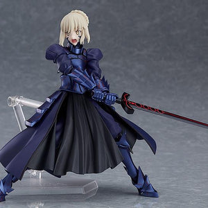 The Saber Alter figma figure in a dynamic action pose, holding Excalibur Morgan above her head, ready to swing.