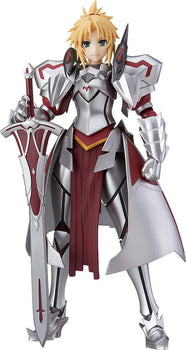 Full frontal view of the Max Factory figma Saber of Red (Mordred) figure, wearing her full silver and red armor and holding her sword, Clarent.