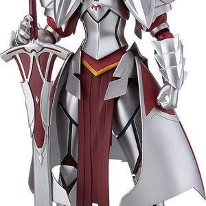 Full frontal view of the Max Factory figma Saber of Red (Mordred) figure, wearing her full silver and red armor and holding her sword, Clarent.