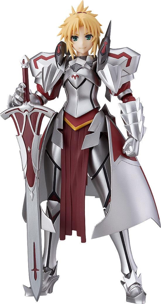 Full frontal view of the Max Factory figma Saber of Red (Mordred) figure, wearing her full silver and red armor and holding her sword, Clarent.