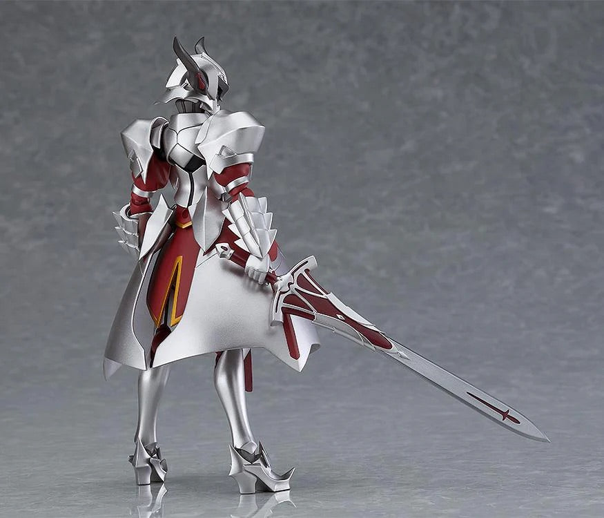 Rear view of the Mordred figma figure, showing the articulated silver armor plates and the flow of her red skirt.