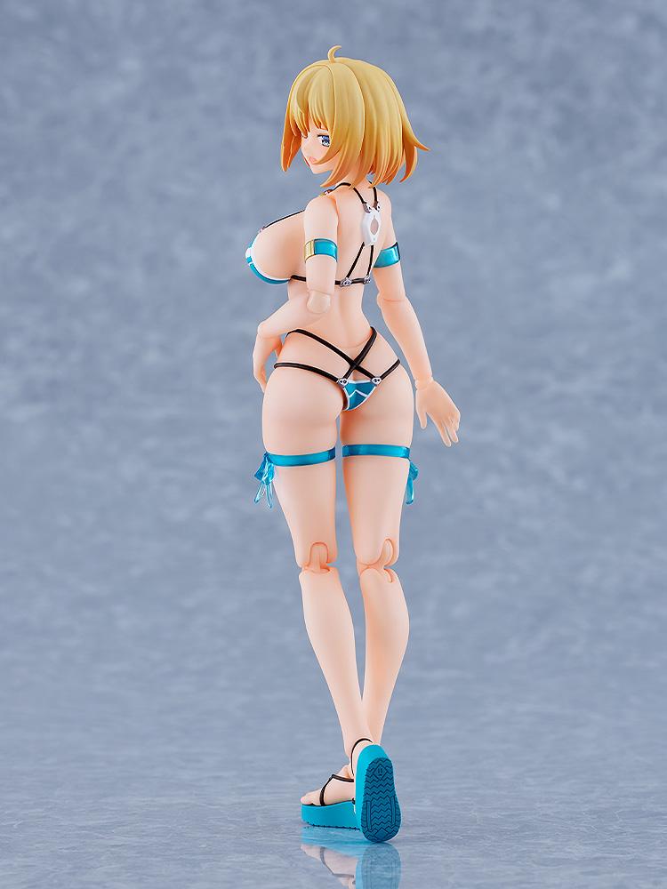 Back-right angle view of the Sophia F. Shirring action figure showcasing the back details of her swimsuit design and platform sandals.