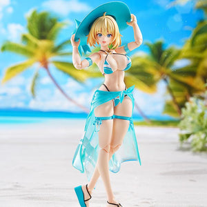 Sophia F. Shirring figma action figure posing on a sunny beach background, wearing her removable sun hat and translucent blue swim skirt.