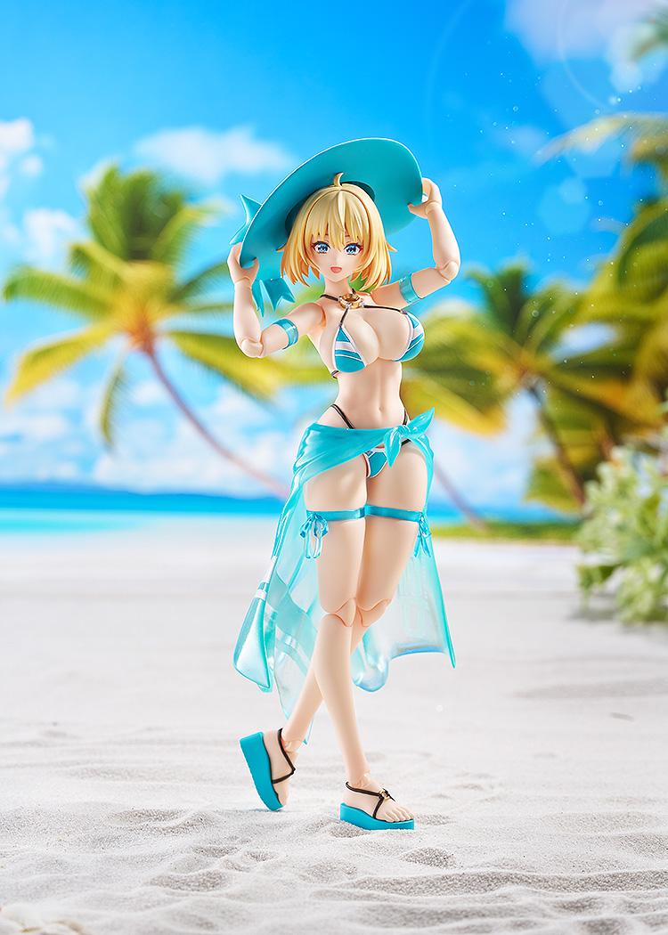 Sophia F. Shirring figma action figure posing on a sunny beach background, wearing her removable sun hat and translucent blue swim skirt.