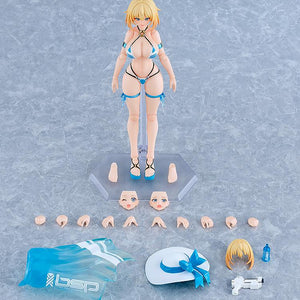 Top-down view of all box contents for the Max Factory figma Sophia F. Shirring Swimsuit Version, including the figure, stand, hands, face plates, and accessories.