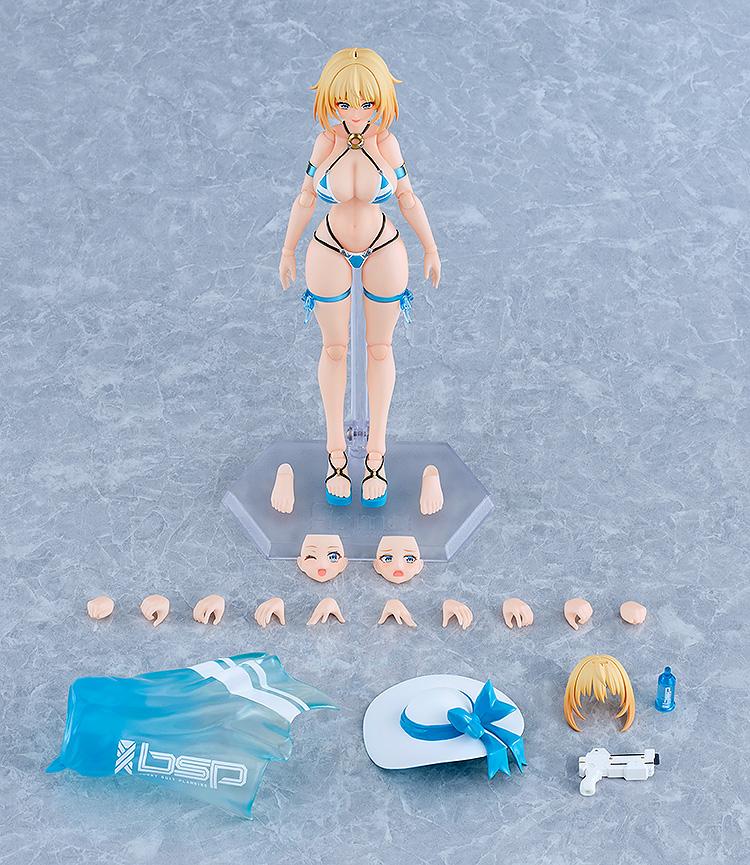 Top-down view of all box contents for the Max Factory figma Sophia F. Shirring Swimsuit Version, including the figure, stand, hands, face plates, and accessories.
