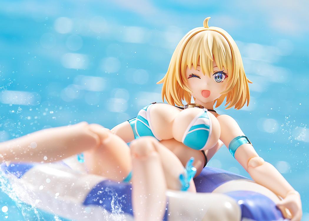 Close-up of the Sophia F. Shirring Swimsuit Version figma floating on an inner tube with a winking face plate and water splashes.