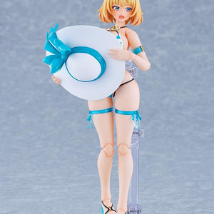 The Max Factory figma Sophia F. Shirring holding her large sun hat to her chest, featuring the alternate flustered expression face plate.
