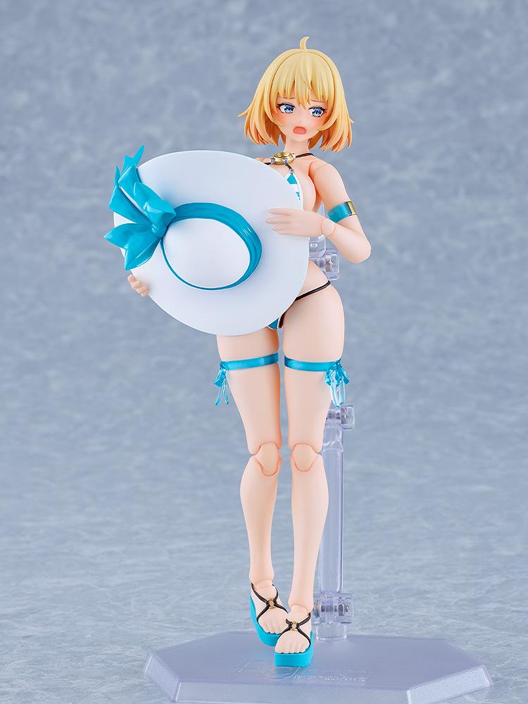 The Max Factory figma Sophia F. Shirring holding her large sun hat to her chest, featuring the alternate flustered expression face plate.